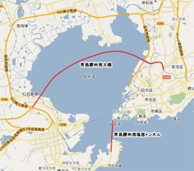 「膠州湾海底トンネル」の地図