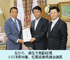 左から、麻生太郎副総理、 小川洋県知事、松尾統章県議会議長