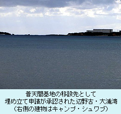 普天間基地の移設先として埋め立て申請が承認された辺野古・大浦湾（右側の建物はキャンプ・シュワブ）