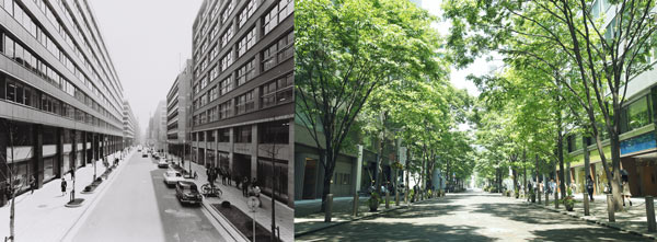 (左)丸の内仲通りの整備 1960年代 (右)丸の内仲通りの整備 1960年代