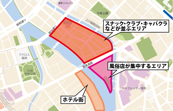 「中洲」MAP。一般的に、歓楽街として知られるのは中洲１丁目から４丁目まで