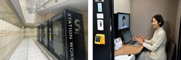 (左から)「STATION BOOTH」の外観、利用イメージ