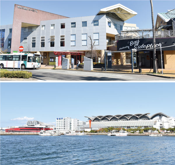 （上）ベイサイドプレイス博多埠頭、（下）博多港国際ターミナルとマリンメッセ福岡