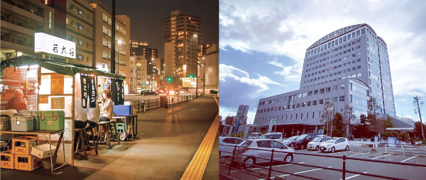 （左）長浜の屋台 福岡市公式シティガイド・よかなび(2020年8月)より ​​​​​​​（右）福岡市鮮魚市場市場会館