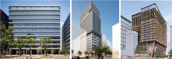 （左）博多イーストテラス（中）ヒューリック福岡ビル建替計画イメージ（右）（仮称）天神1-7計画
