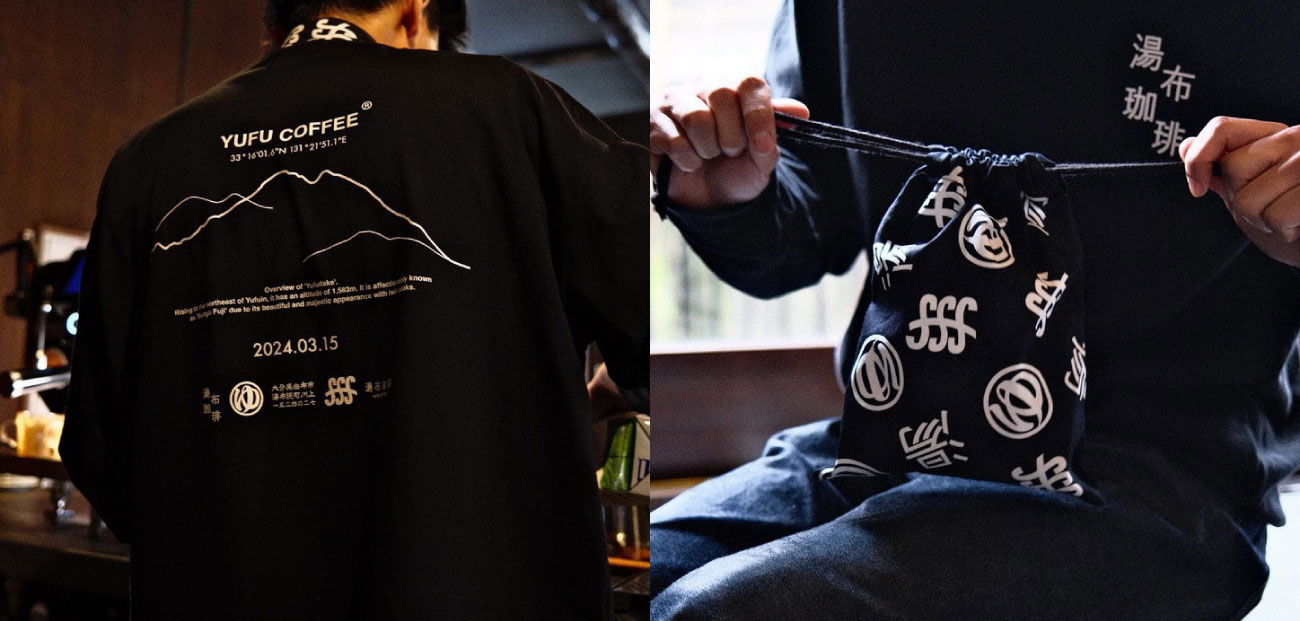 一周年記念販売商品「湯布珈琲オリジナルLongTee」とノベルティ「湯布珈琲オリジナル巾着」