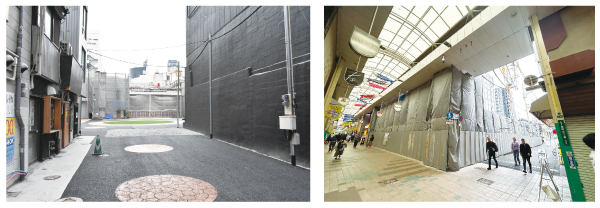 (左)広場として暫定活用される「鳥町食道街」の火災跡地 / (右)解体中の中屋ビル
