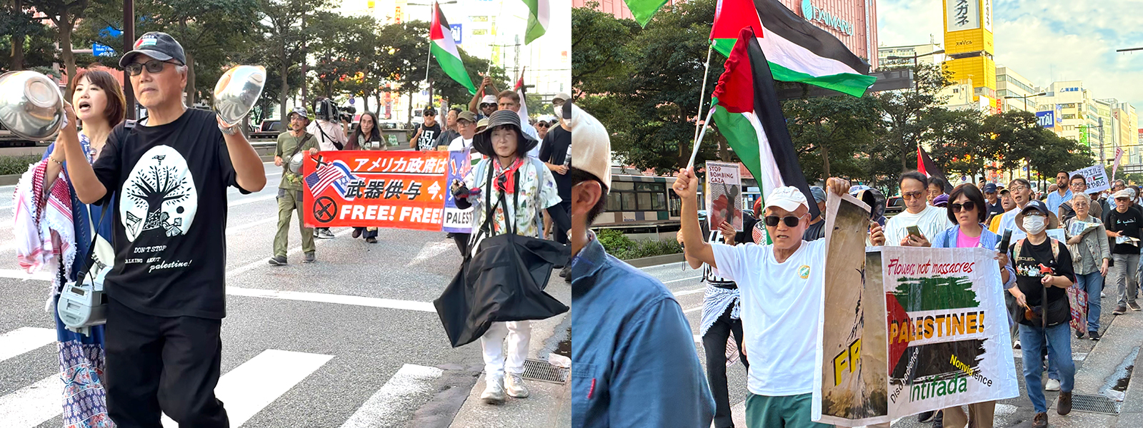左:デモ行進する吉田代表/右:パレスチナ国旗を手に練り歩く参加者