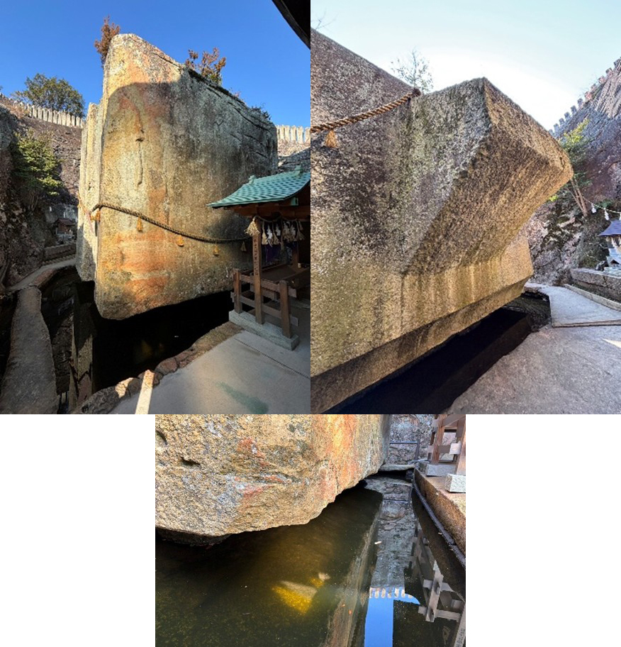 生石神社の浮石(横約6.5m、高さ約5.6m、奥行約7.5m、重さ約500t)