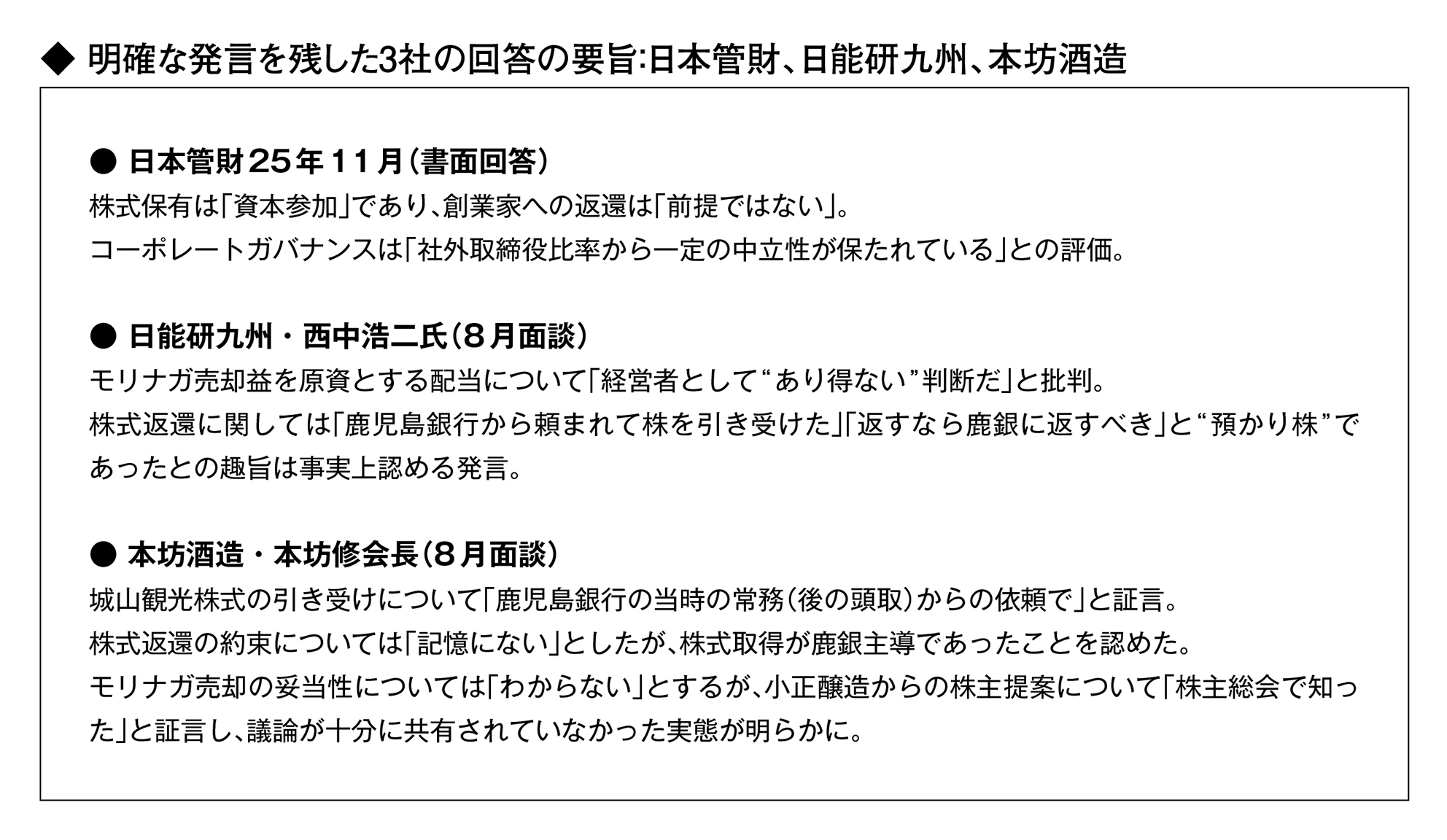 明確な発言を残した3社の回答の要旨