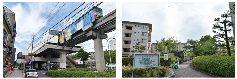 (左)北九州モノレール・徳力公団前駅/(右)徳力団地