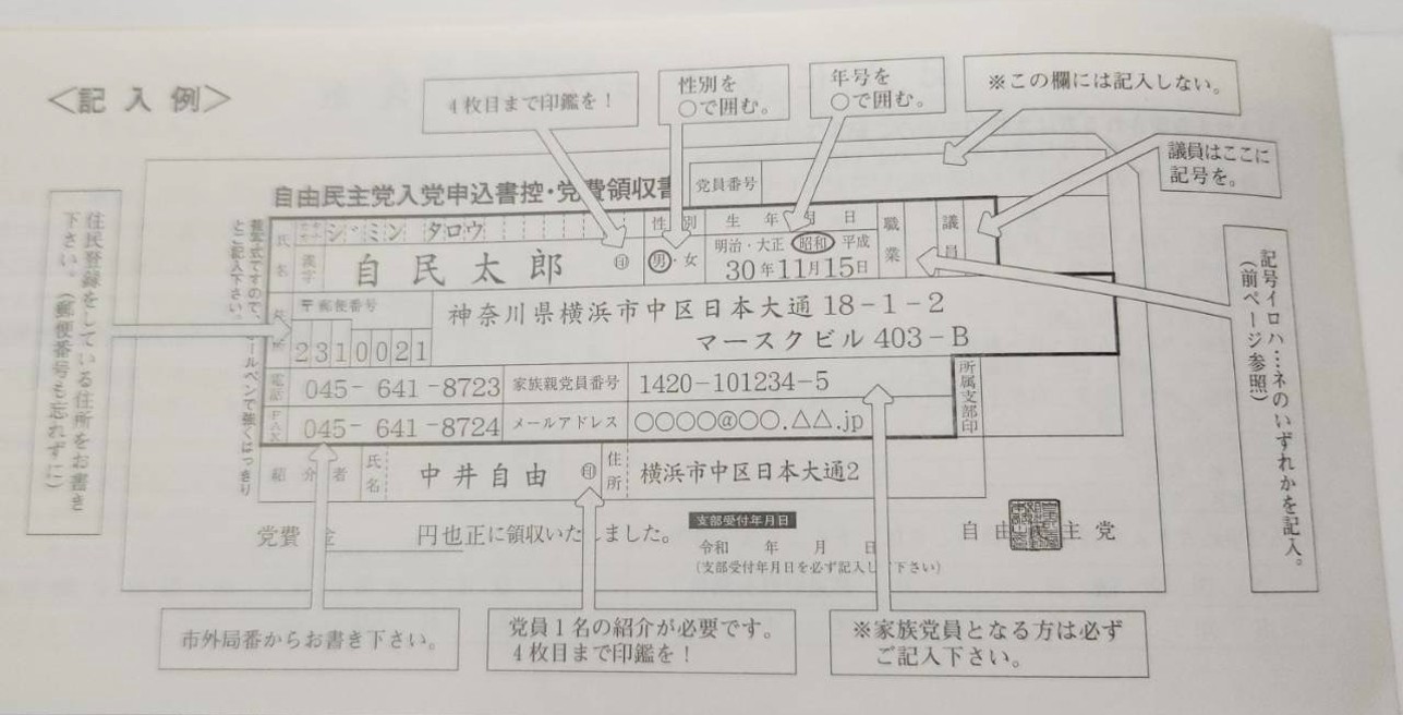 自民党員党費申し込み 記入例