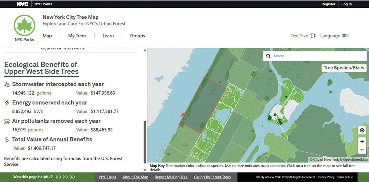 New York City Tree Mapでの地区の樹木の経済価値表示例