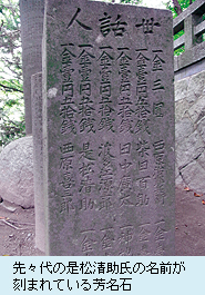 先々代の是松清助氏の名前が刻まれている芳名石