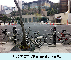 ビルの前に並ぶ自転車（東京・赤坂）