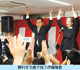 勝利を万歳で祝う伊藤陣営