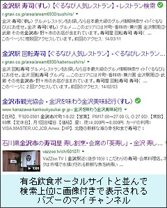 有名飲食ポータルサイトと並んで検索上位に画像付きで表示されるバズーのマイチャンネル