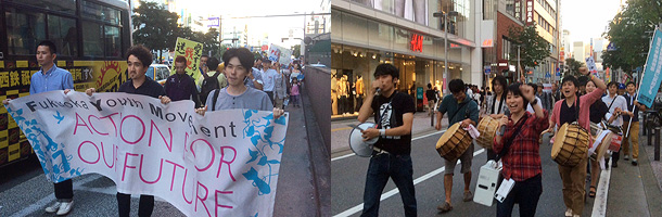 安保法案に反対するFYMのデモ＝９月13日、福岡市