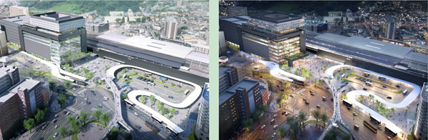 熊本駅白川口駅前広場全体イメージ 左が（ 昼）、右側が（夜）