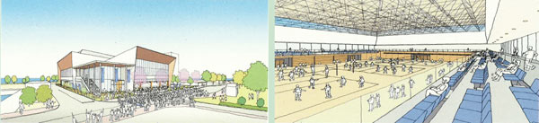 左：新小浜体育館／ 右：メインアリーナ　イメージ画像（技術提案書より抜粋）
