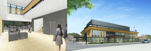 （左）町民スペースイメージ　（右）新庁舎外観イメージ