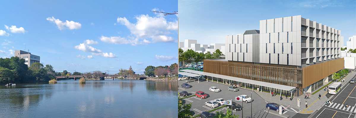 左：丸田池公園／右：糸島市新庁舎外観イメージ