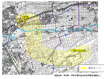 熊本県が６月定例県議会に報告した熊本空港アクセス鉄道のルート