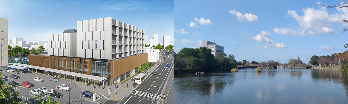 左：糸島市新庁舎外観イメージ、右：市民の憩いの場、丸田池公園