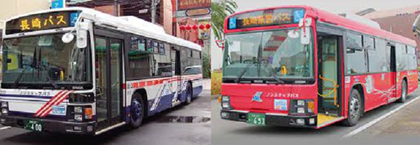 長崎市内の路線バスを運行する長崎自動車(長崎バス)と長崎県交通局(長崎県営バス)の車両