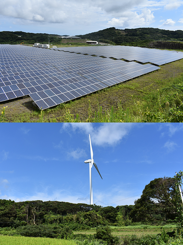 上：太陽光発電所、下：風力発電所