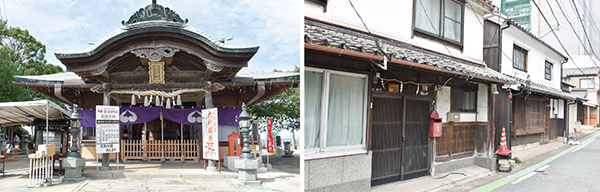 左：鷲尾愛宕神社 ／ 右：民家の玄関にしめ縄があるのは漁師町の名残り