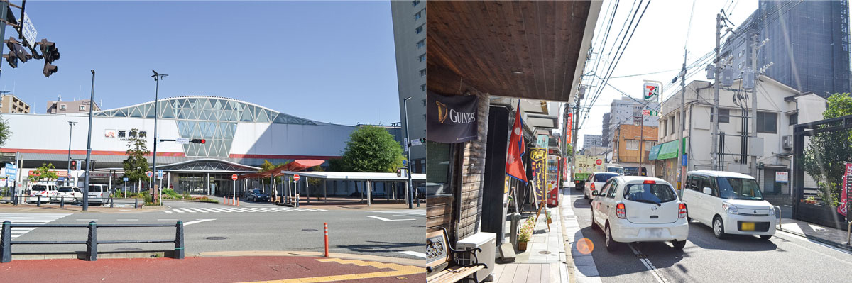 左：JR箱崎駅 ／ 右：意外と交通量の多い街道筋
