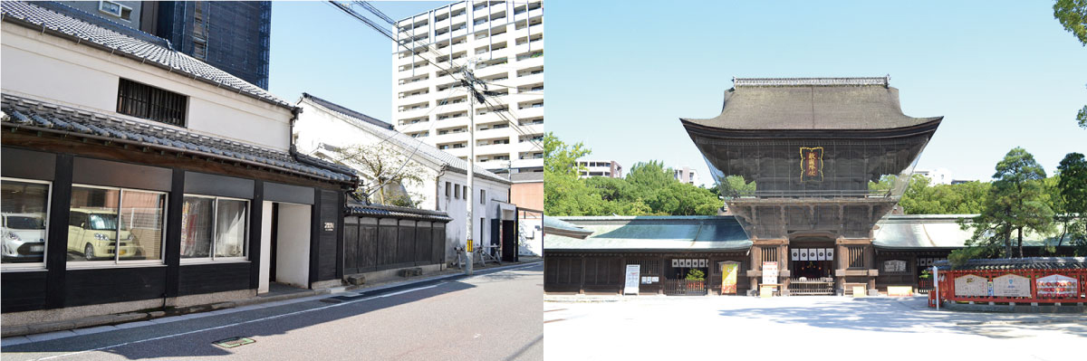 左：街道筋には町屋風の建物も残る ／ 右：筥崎宮