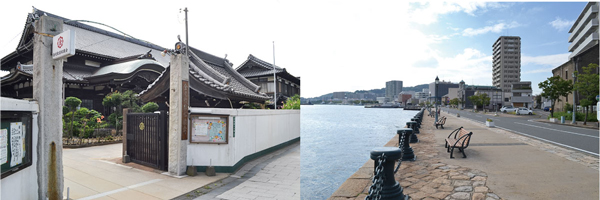 左：かつての御茶屋跡は現在、金光教若松教会となっている 右：レトロな港町の雰囲気漂う海岸通り