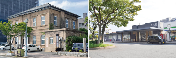 左：石炭会館 ／ 右：JR若松駅