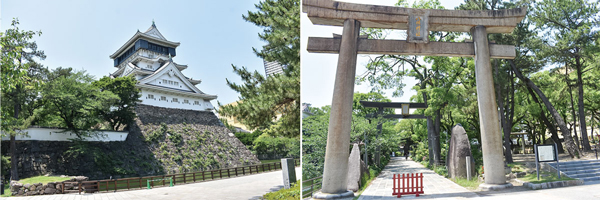 左：小倉城 ／ 右：小倉城に隣接する八坂神社