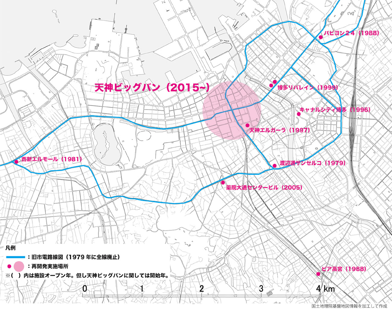 福岡における旧市電路線図と都市再開発・天神ビッグバン