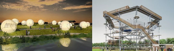 左：球体テント　/ 右：アスレチックタワー『シー・ドラグーン』 どちらもイメージ
