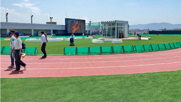 幅広い世代が利用する屋上の芝生広場（スポーツパーク）