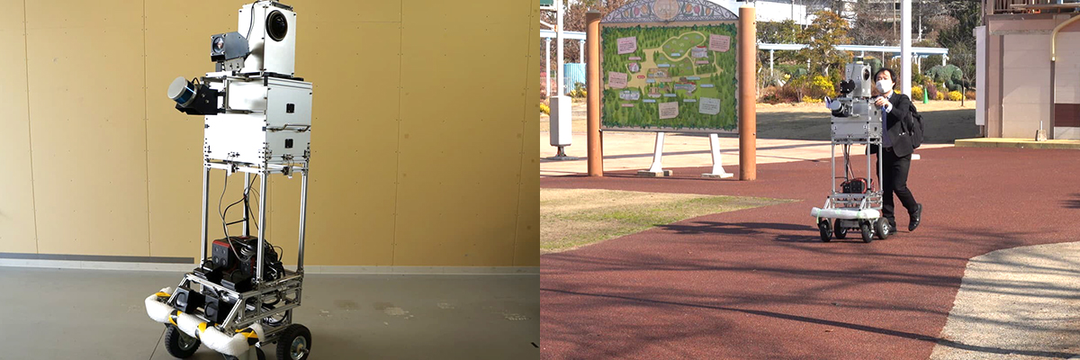 左：ジオ技術研究所の独自開発装置「移動体計測装置」 / 右：かしいかえん園内を計測中の様子