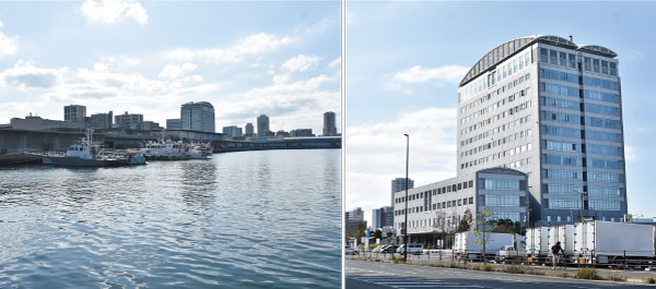 （左）長浜の臨海部には市場施設が集積、（右）福岡市中央卸売市場鮮魚市場