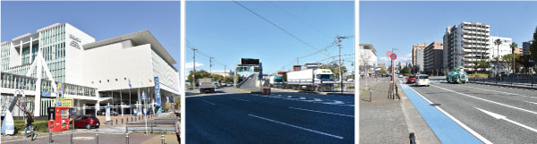 14_（左）福岡国際会議場、（中）都市高の天神北出入口、（右）臨港鉄道の線路跡を整備した「石城町487号線」
