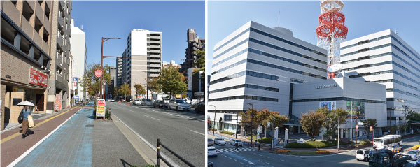 （左）那の津通り沿いにはマンションなどが立ち並ぶ、（右）九州朝日放送（株）（KBC）の本社ビル