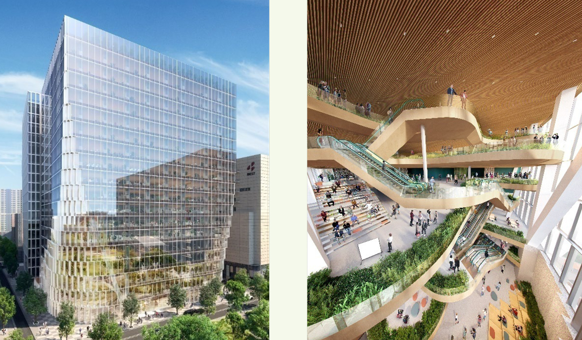 左：計画されているビル外観イメージ ／ 右：同内観イメージ