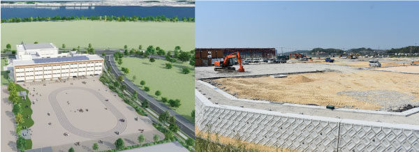 （左）照葉はばたき小学校（案）（右）建設が進むカホテラス（22年5月撮影）