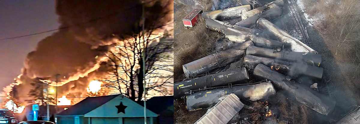2月3日のオハイオ州貨物列車脱線事故現場の様子（出典：Wikipedia）