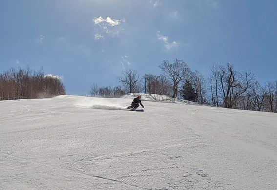 太陽に輝き 雪煙を上げながら滑るスキー仲間