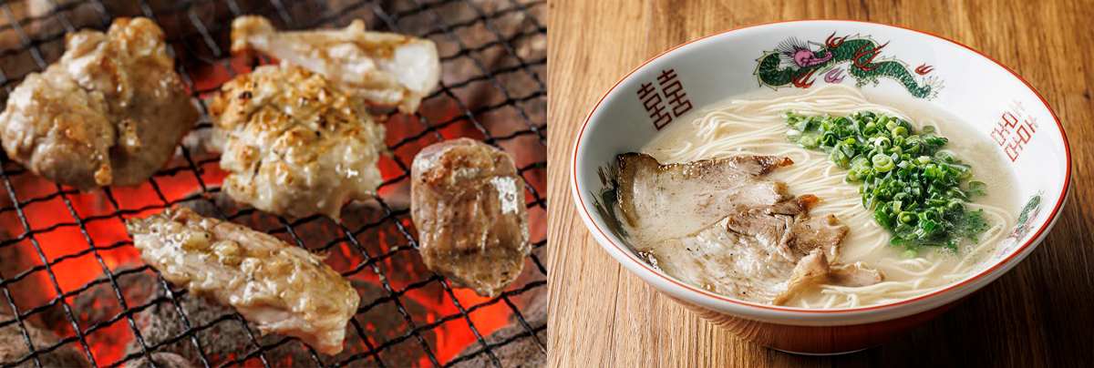 左：華味鳥の盛り合わせ / 右：濃厚でクリーミーな豚骨スープが味わい深いラーメン
