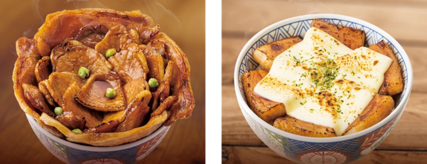 左：豚ロース丼（メガ） / 右：炙りチーズ豚バラ丼（並）