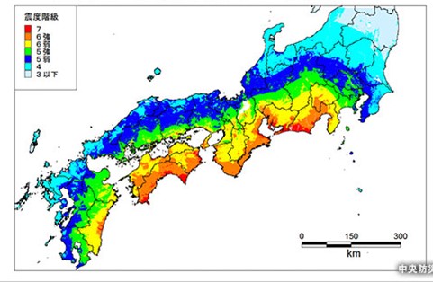 南海トラフ地震の予想最大震度分布図（中央防災会議資料より）